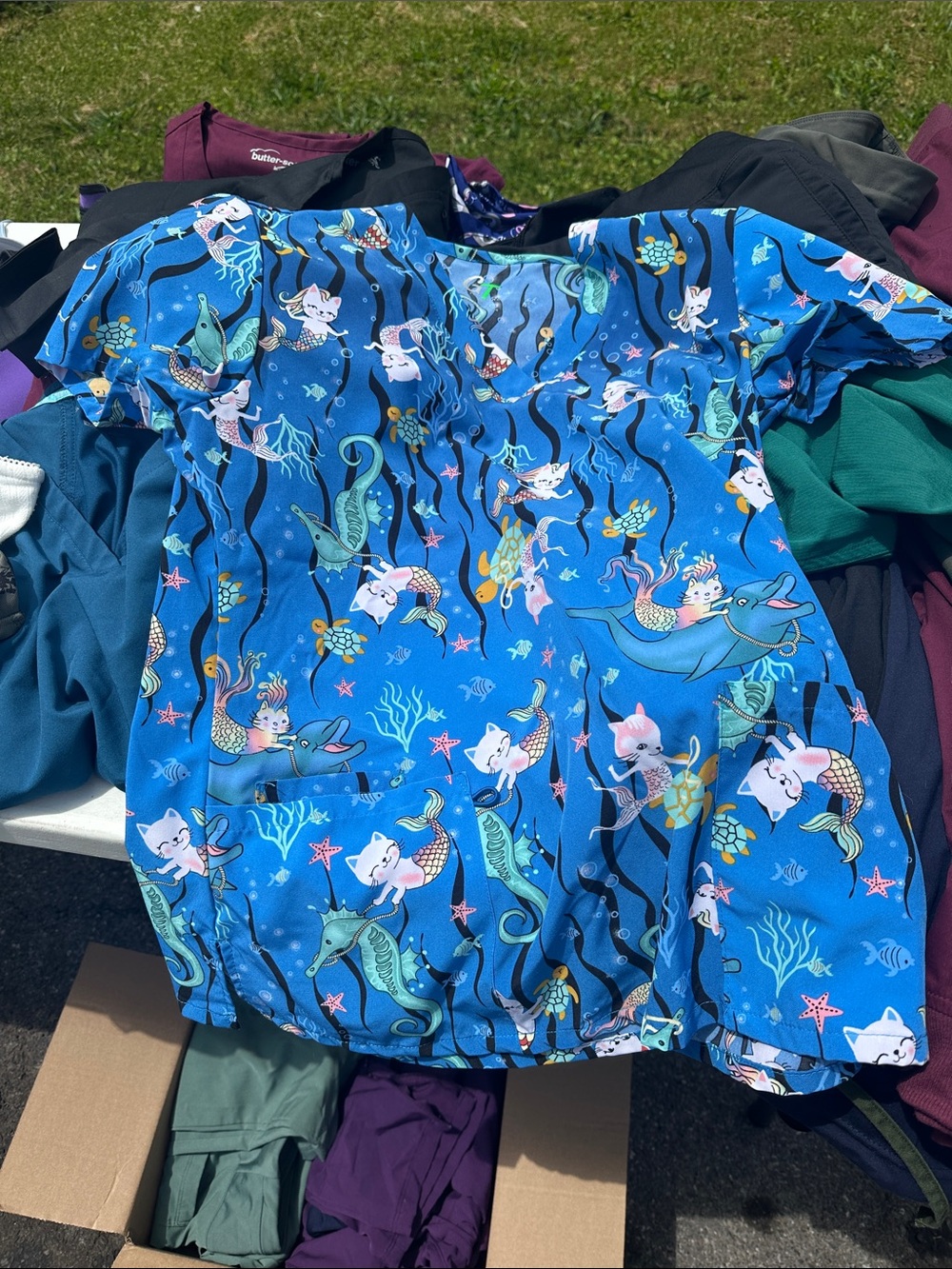 Blue Underwater Mermaid Animal Print Scrub Top